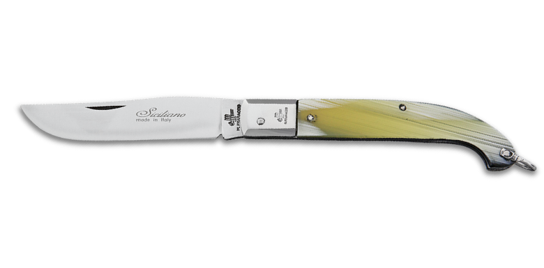 Beautiful yellow buffalo horn Italian manual knife from Fraraccio Knives. Grindworx guide to Italian knives under $100.