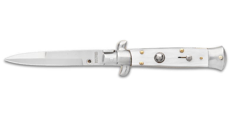 Beautiful white Pearlex stiletto from SKM. Grindworx guide to Italian knives under $100.