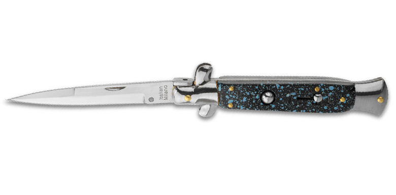 Fun black speckle Anomaly 9" stiletto. Grindworx guide to Italian knives under $100.